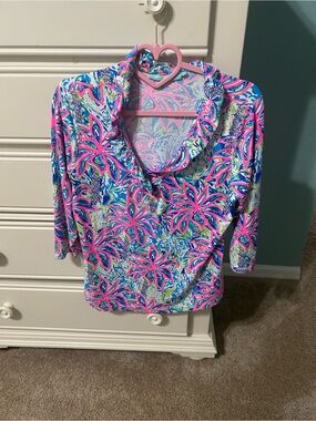 Lulu-B for Anthony’s Pink & Blue Tropical Print ruffle Neck Top